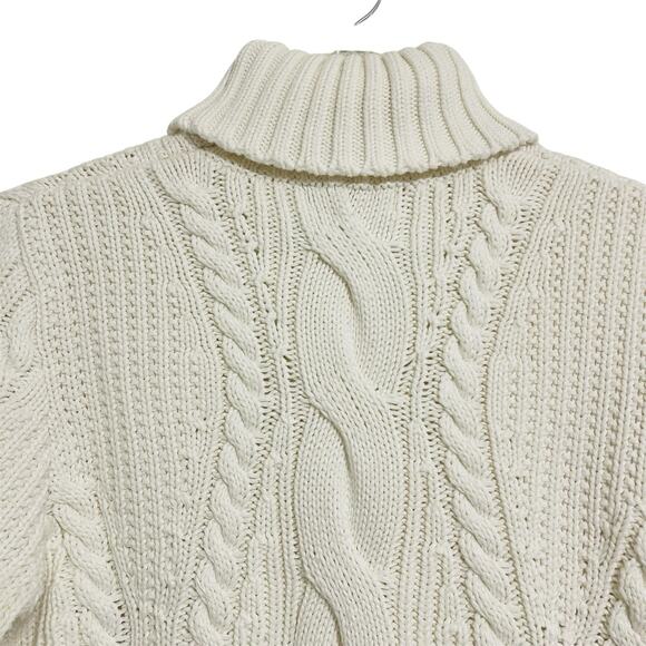 Land's End Cable Knit Fisherman Turtleneck Sweater Size L Ivory Cotton Classic - Picture 6 of 13